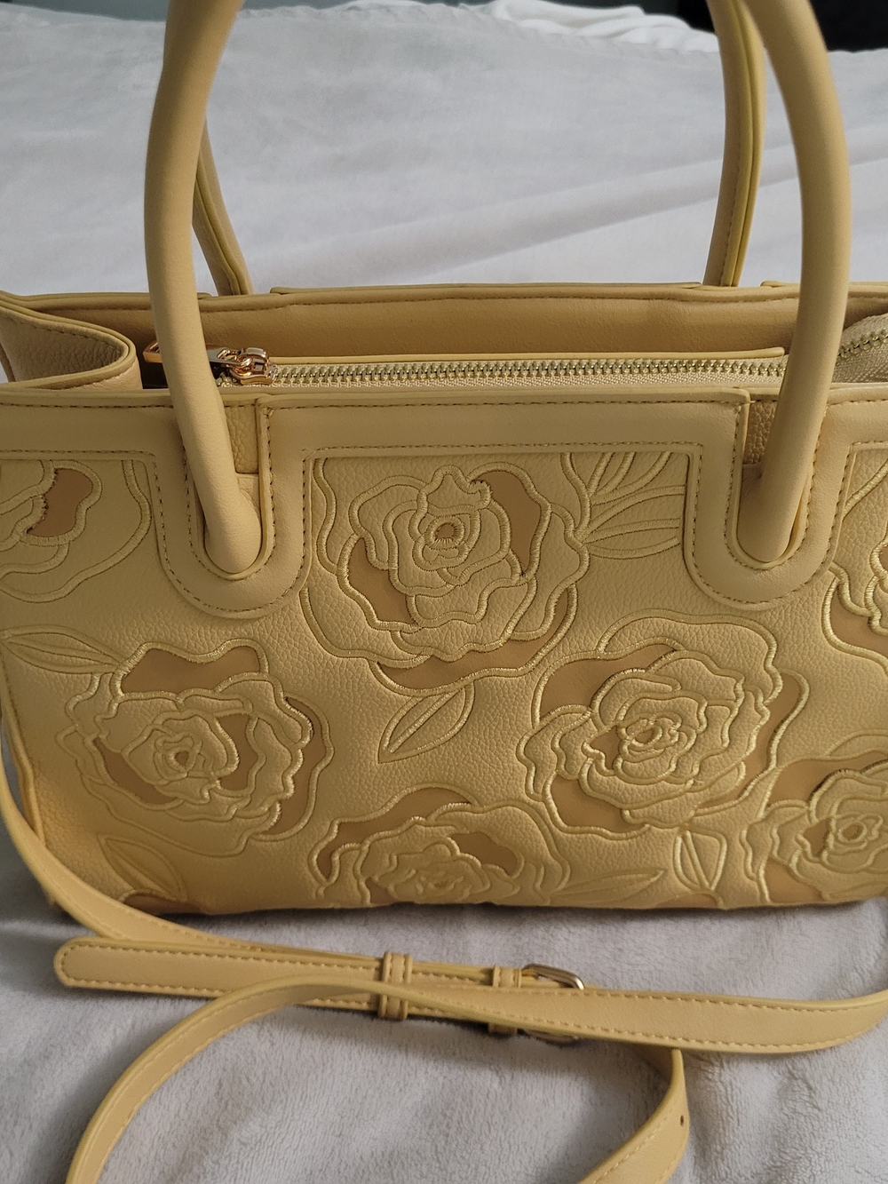 Mustard Embossed Rose Floral Satchel Handbag Crossbody Gold Hardware